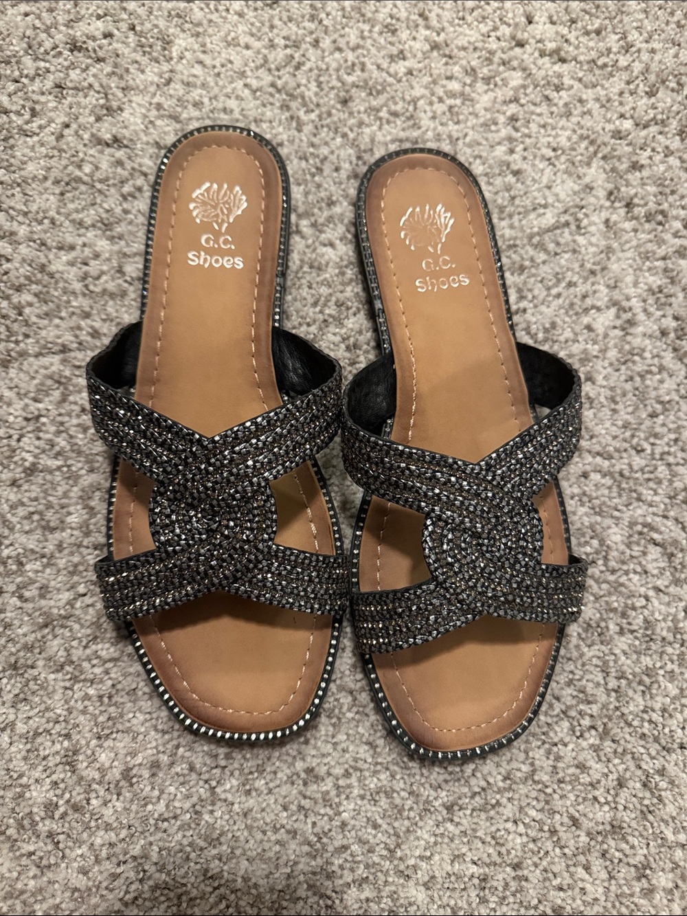 Women's Black Rhinestone Slip-On Sandals